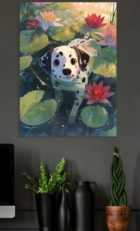 Dalmatian Puppy in a Lily Pond — metal poster wall art by Lineer